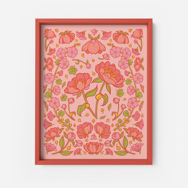 A folk-style illustration of pink peonies and hollyhock blossoms appears in a red frame on a white background.