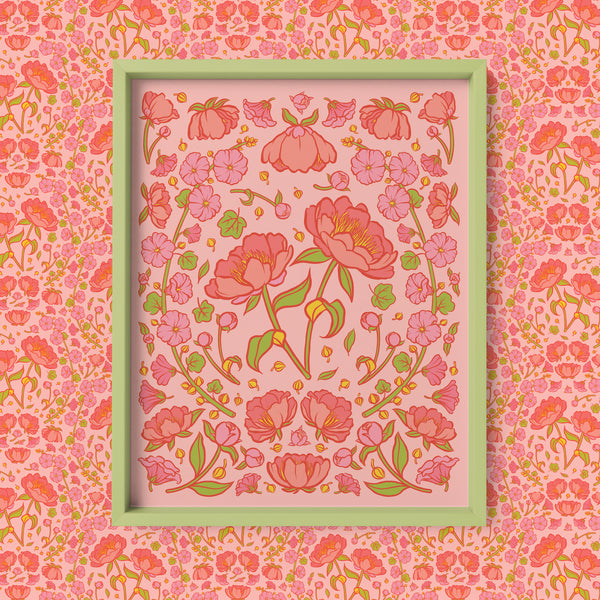 A folk-style floral illustration of peony and hollyhock blossoms appears in a green frame against a patterned background of the same flowers.