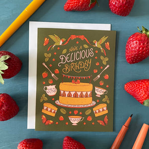 Cottagecore Delicious Birthday Cake and Strawberries Greeting Card