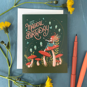 Cottagecore Magical Birthday Mushroom and Faerie Greeting Card