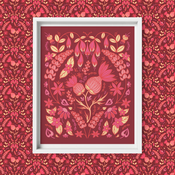 Pink Nova Scotia Wildflower Folk Floral Art Print