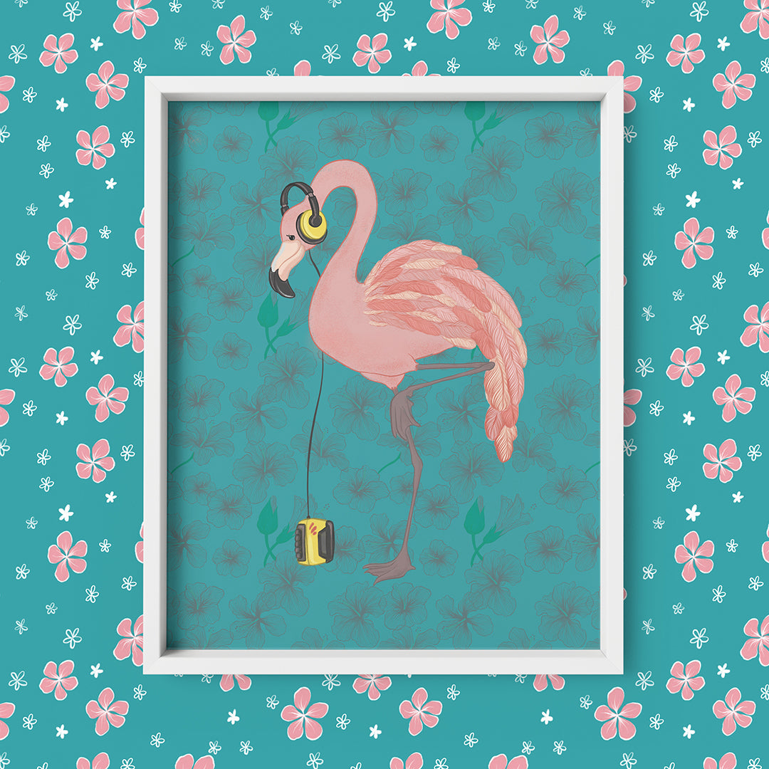 Walkman Flamingo and Hibiscus Flowers 8x10 Art Print